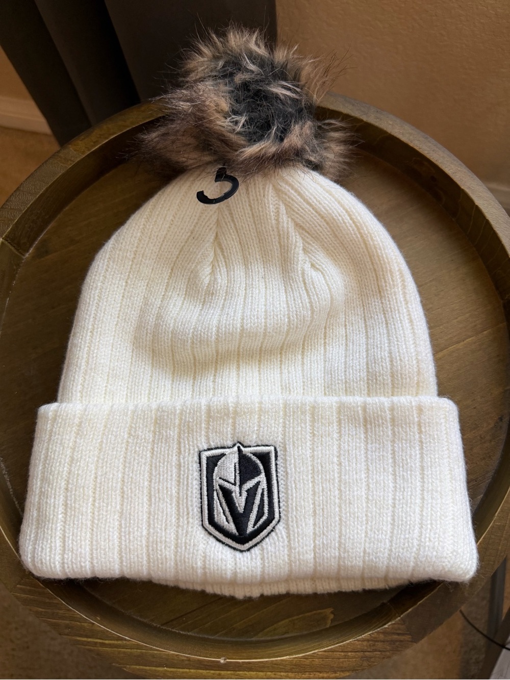 NHL Vegas Golden Knights Women’s White Cuffed Knit Beanie Hat w/ Faux Fur PomPom